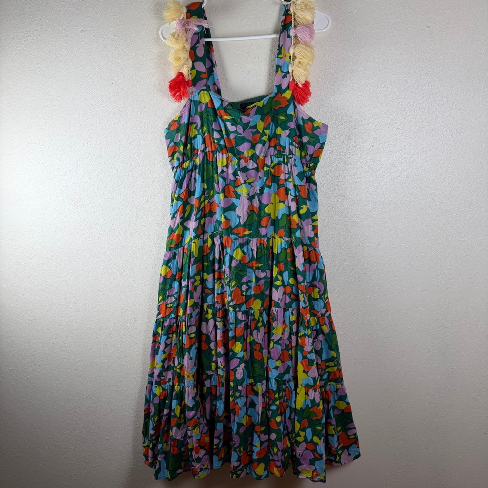 J.Crew Women Floral Tassel Tiered Midi Dress Green Multicolor L